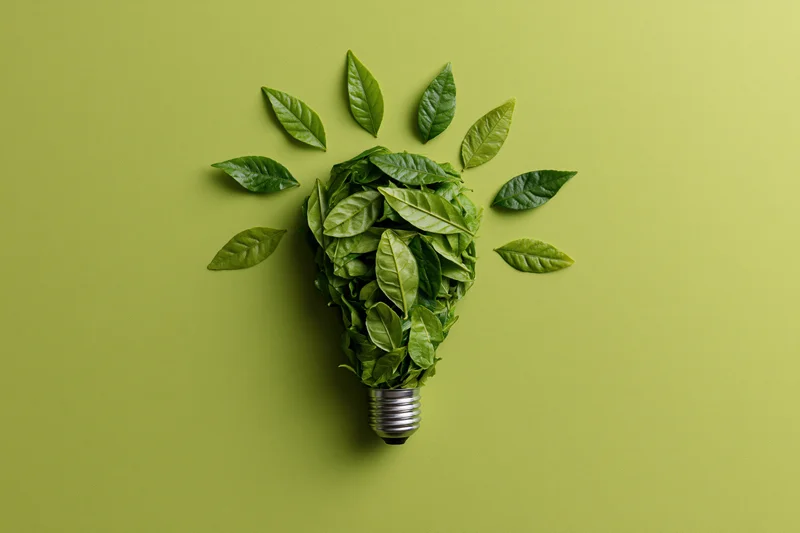 Lightbulb shape made of green leaves on a solid green background