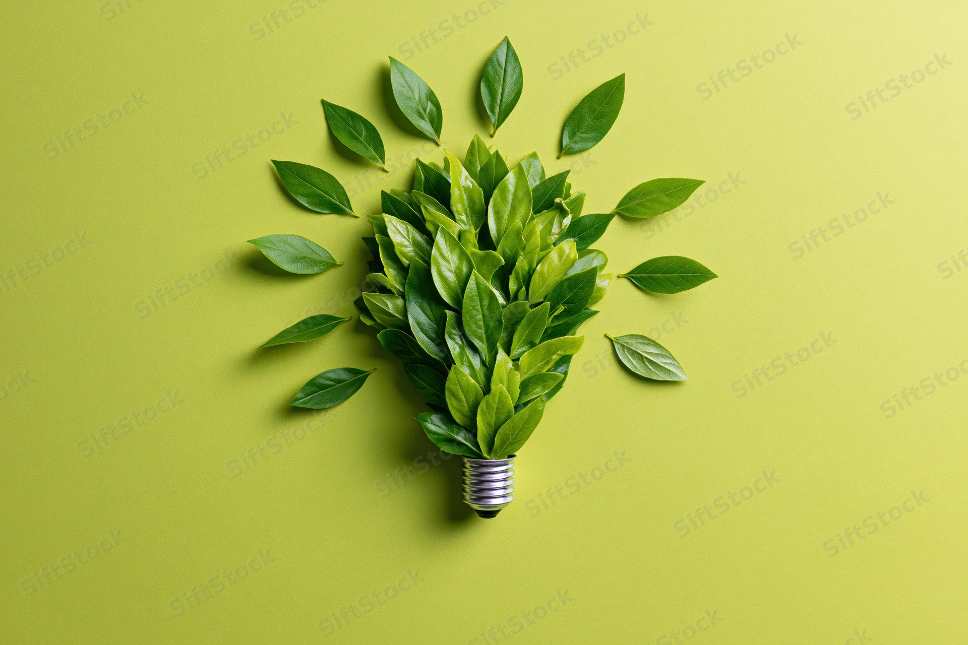 Lightbulb shape made from green leaves on a solid green background
