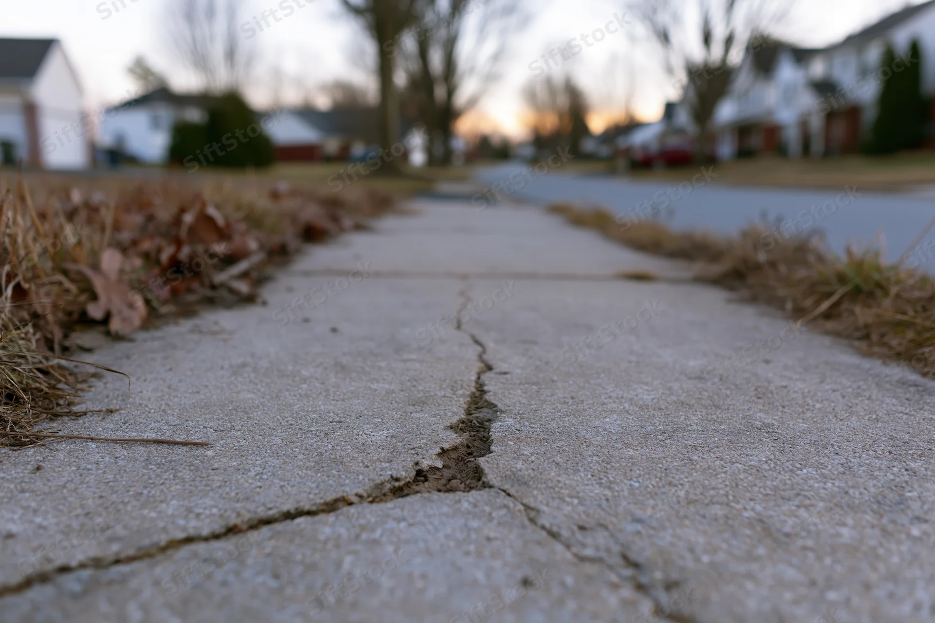 Cracked concrete sidewalk in a suburban neighborhood at dusk