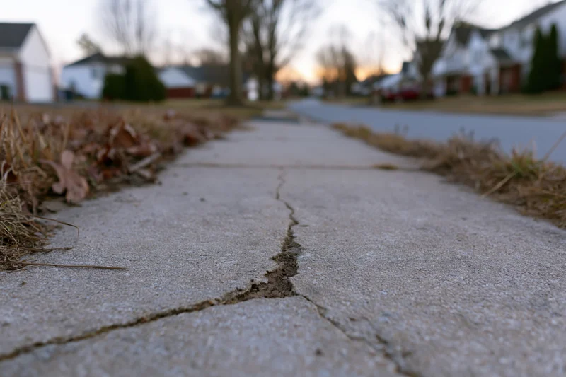 Cracked concrete sidewalk in a suburban neighborhood at dusk