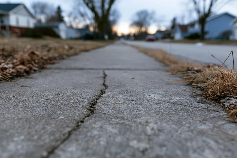 Cracked concrete sidewalk viewed from ground level in a suburban neighborhood at dusk
