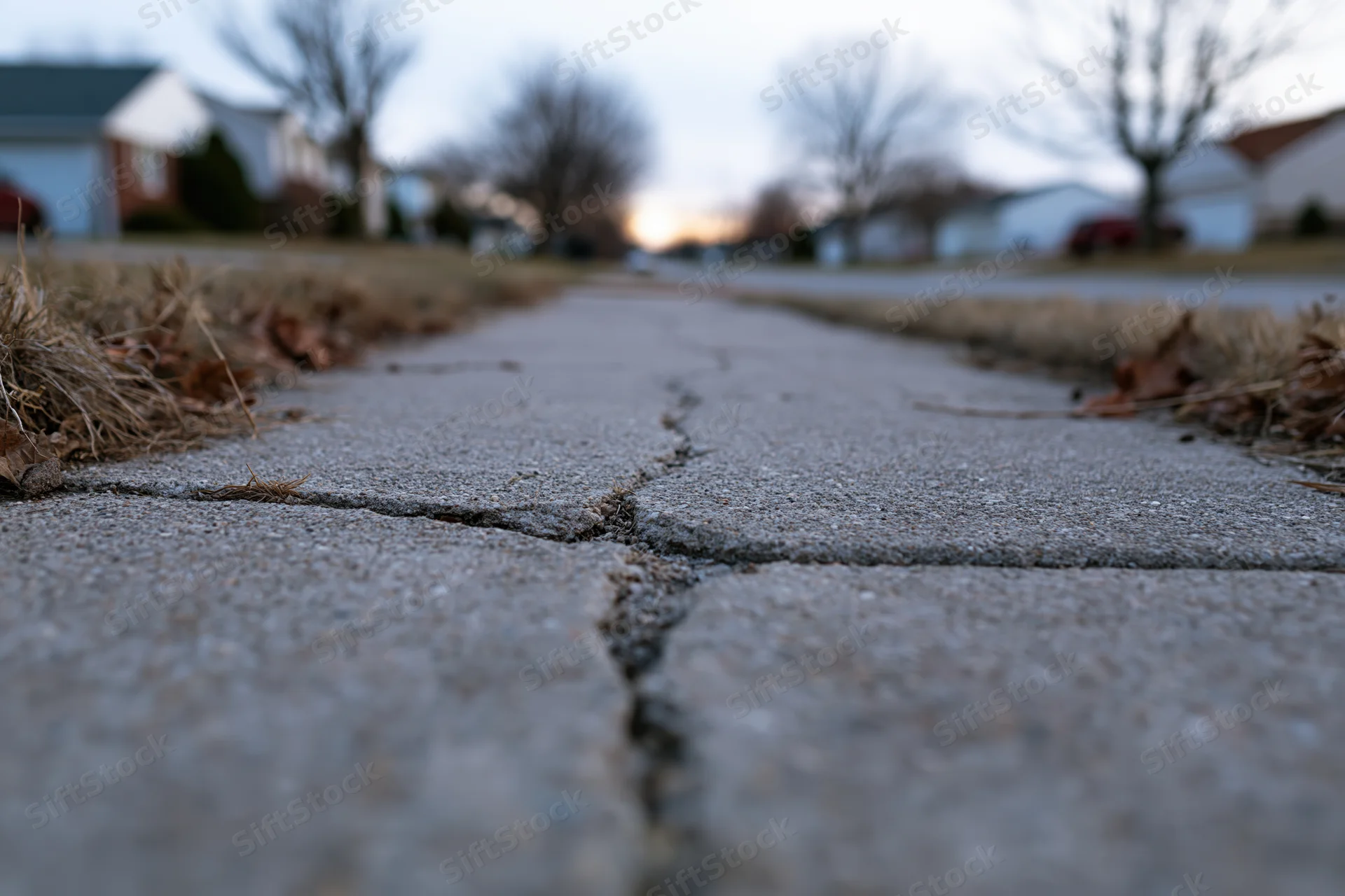 Cracked concrete sidewalk viewed from ground level in a suburban neighborhood at dusk