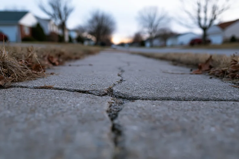 Cracked concrete sidewalk viewed from ground level in a suburban neighborhood at dusk