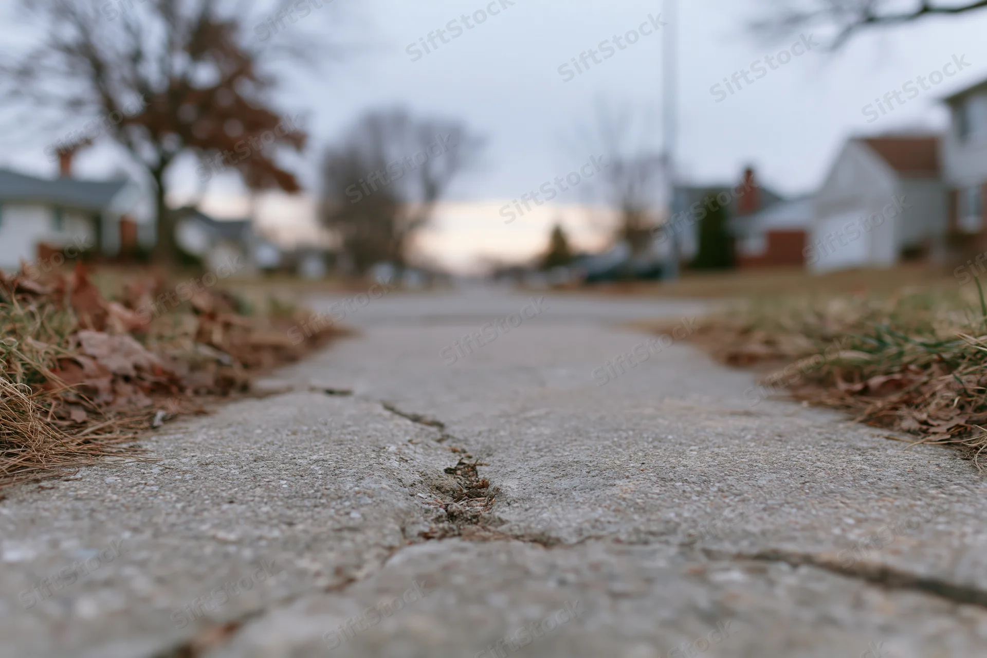 Cracked concrete sidewalk viewed from ground level in suburban neighborhood