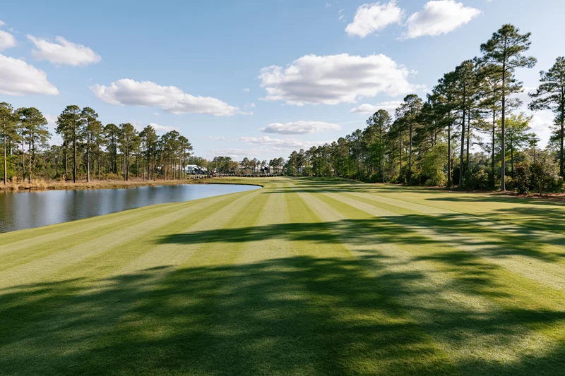 Manicured golf course fairway stretching toward a calm pond lined with pine trees under a blue sky with scattered clouds