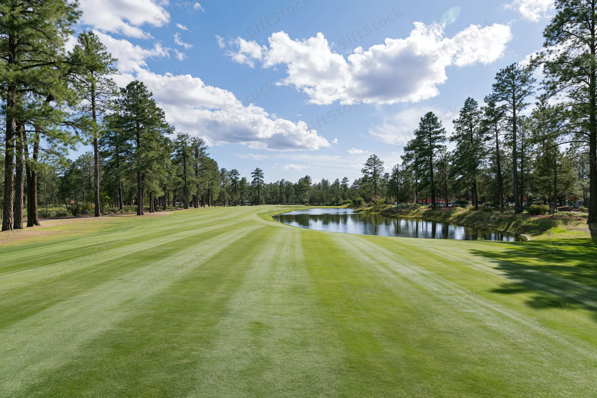 Manicured golf course fairway stretching toward a calm pond lined with pine trees under a partly cloudy sky