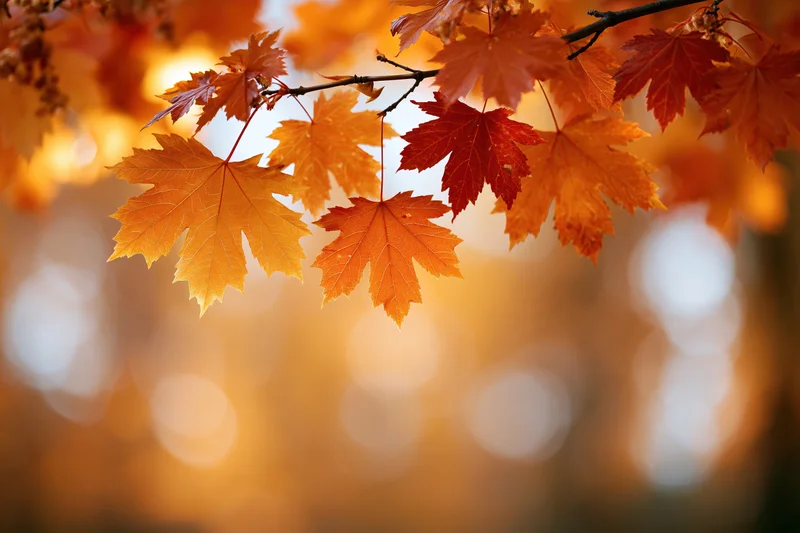 Maple branch with orange and red autumn leaves hanging across against a blurred golden background