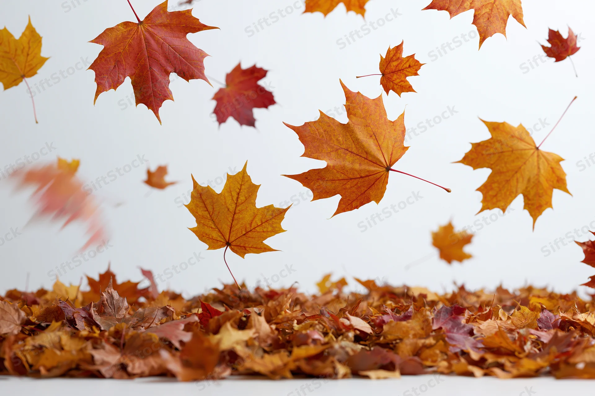 Maple leaves falling and floating above a pile on the ground against a white background