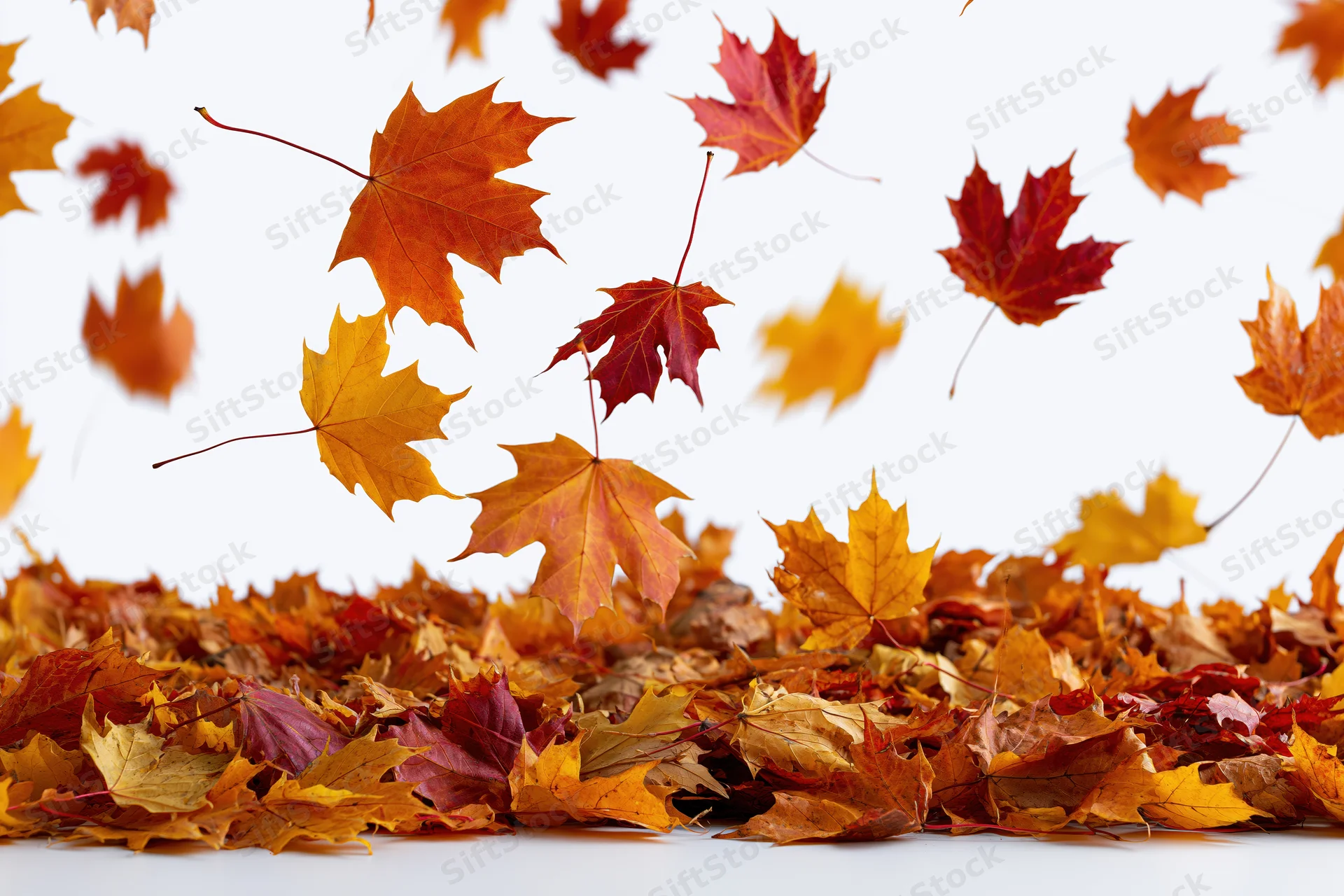 Maple leaves falling midair over a pile on white background