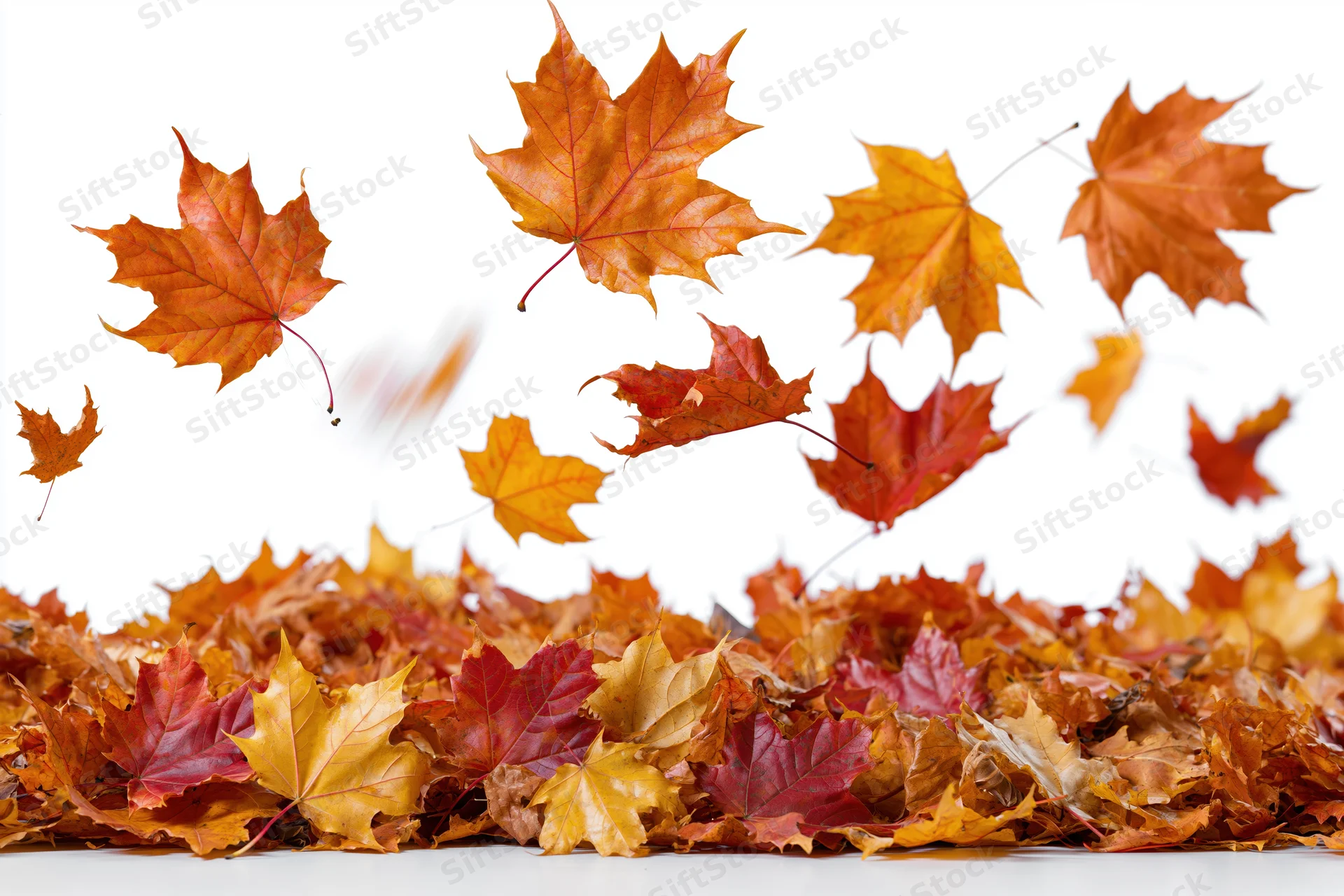 Maple leaves falling and piled on white surface in autumn colors