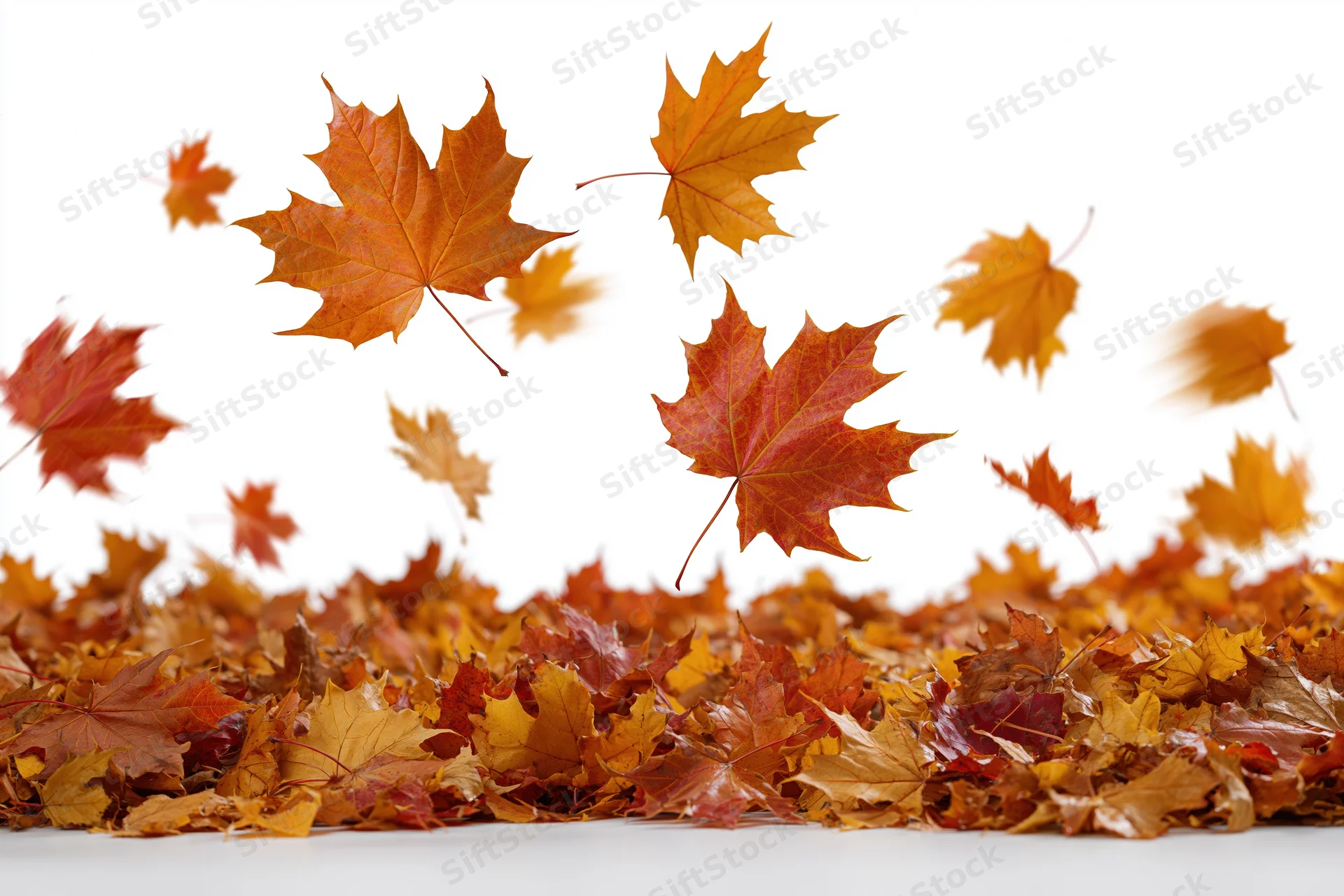 Maple leaves falling and scattered on ground against white background