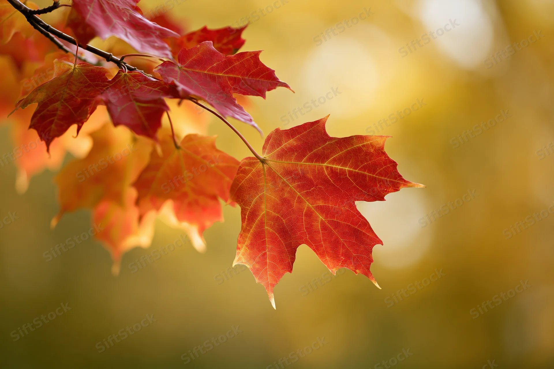 Maple leaves in autumn colors on a branch with blurred golden background