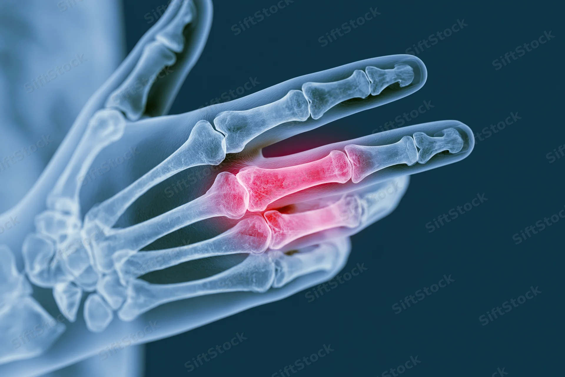 Xray illustration of a human hand showing inflamed joints in red against a blue background