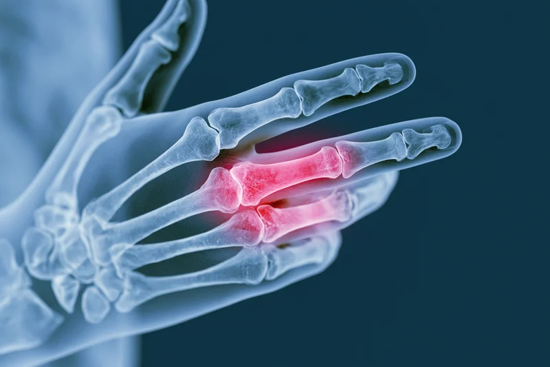 Xray illustration of a human hand showing inflamed joints in red against a blue background
