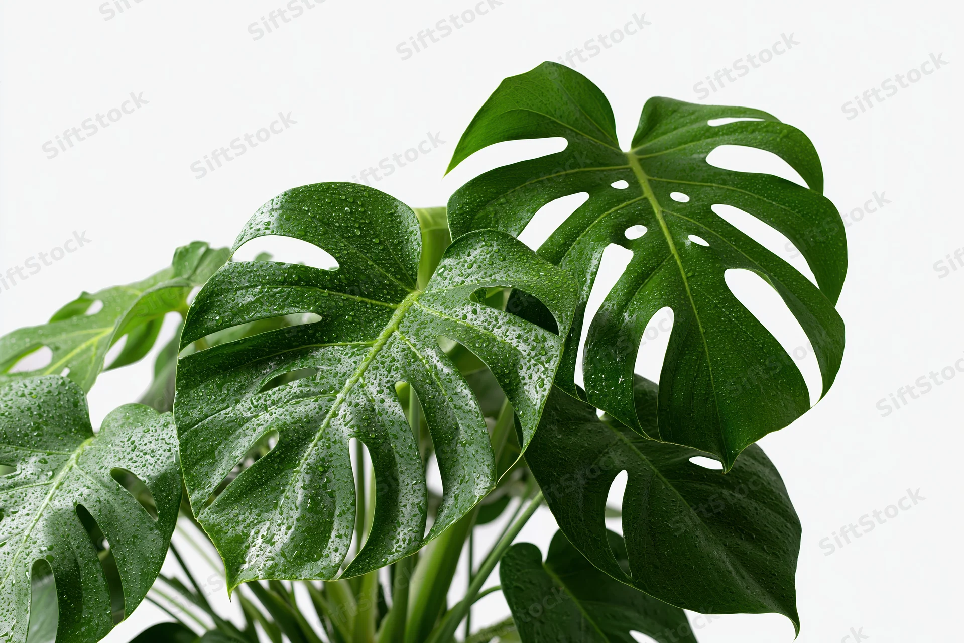 Monstera plant with large split leaves covered in water droplets against white background