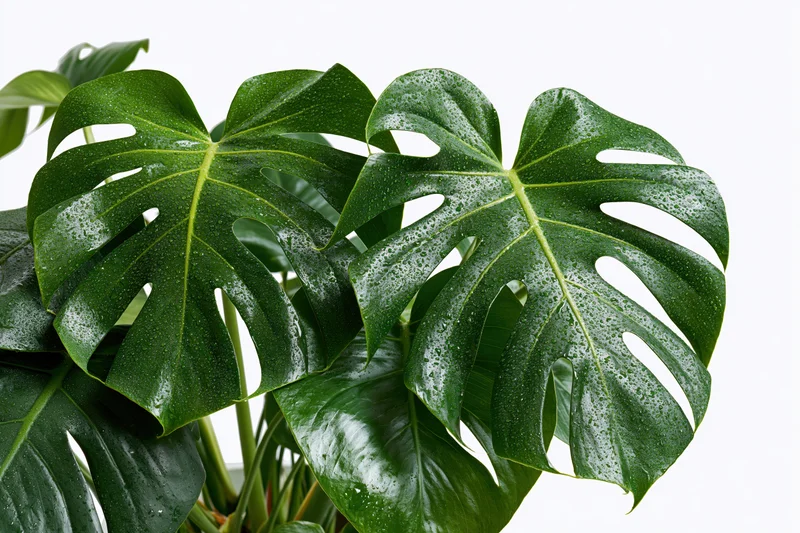 Monstera plant with large split leaves covered in water droplets against white background