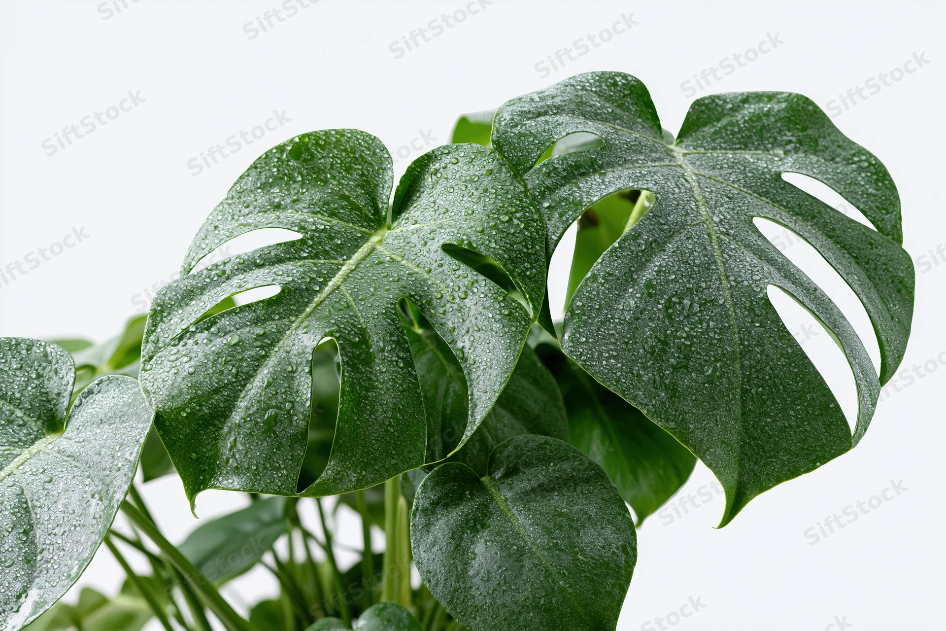 Monstera plant with large split leaves covered in water droplets against white background