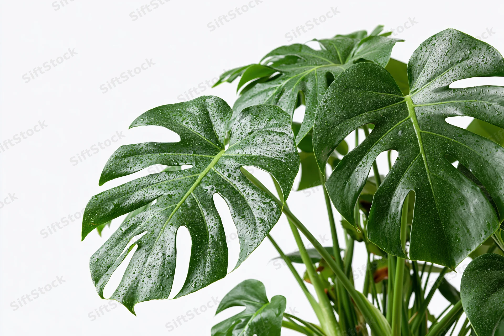 Monstera plant with large split leaves covered in water droplets against white background