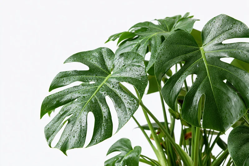 Monstera plant with large split leaves covered in water droplets against white background