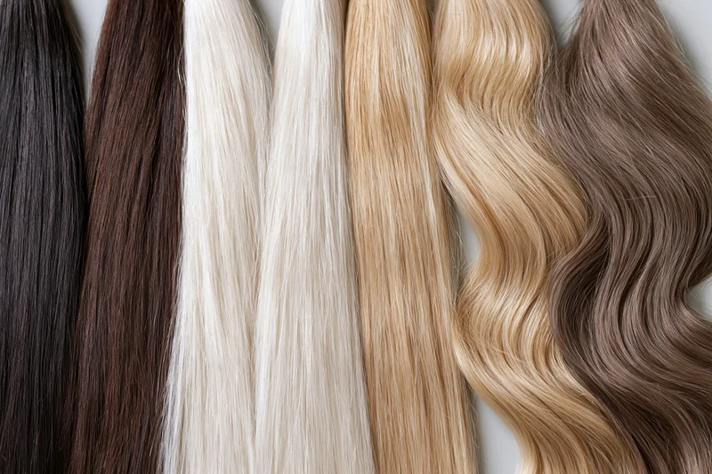 Multiple hair extension wefts arranged side by side in a row showcasing different colors and textures
