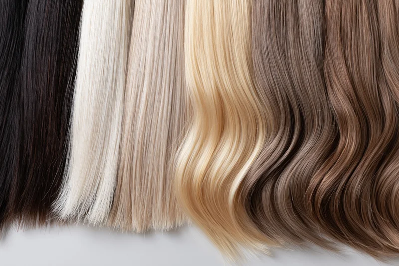 Multiple hair extension wefts arranged side by side in a row