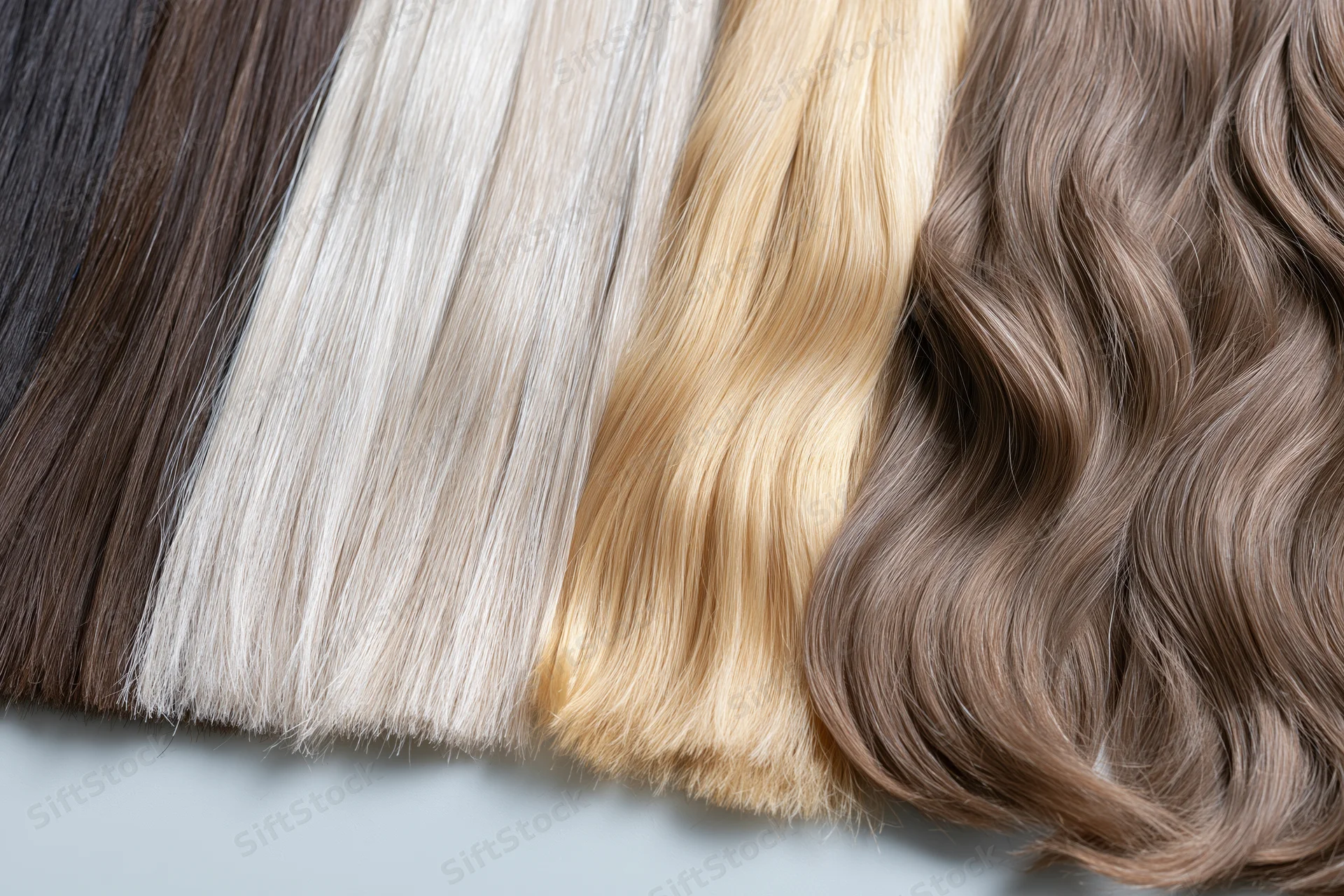 Multiple hair extension wefts arranged side by side in a row showcasing different colors and textures