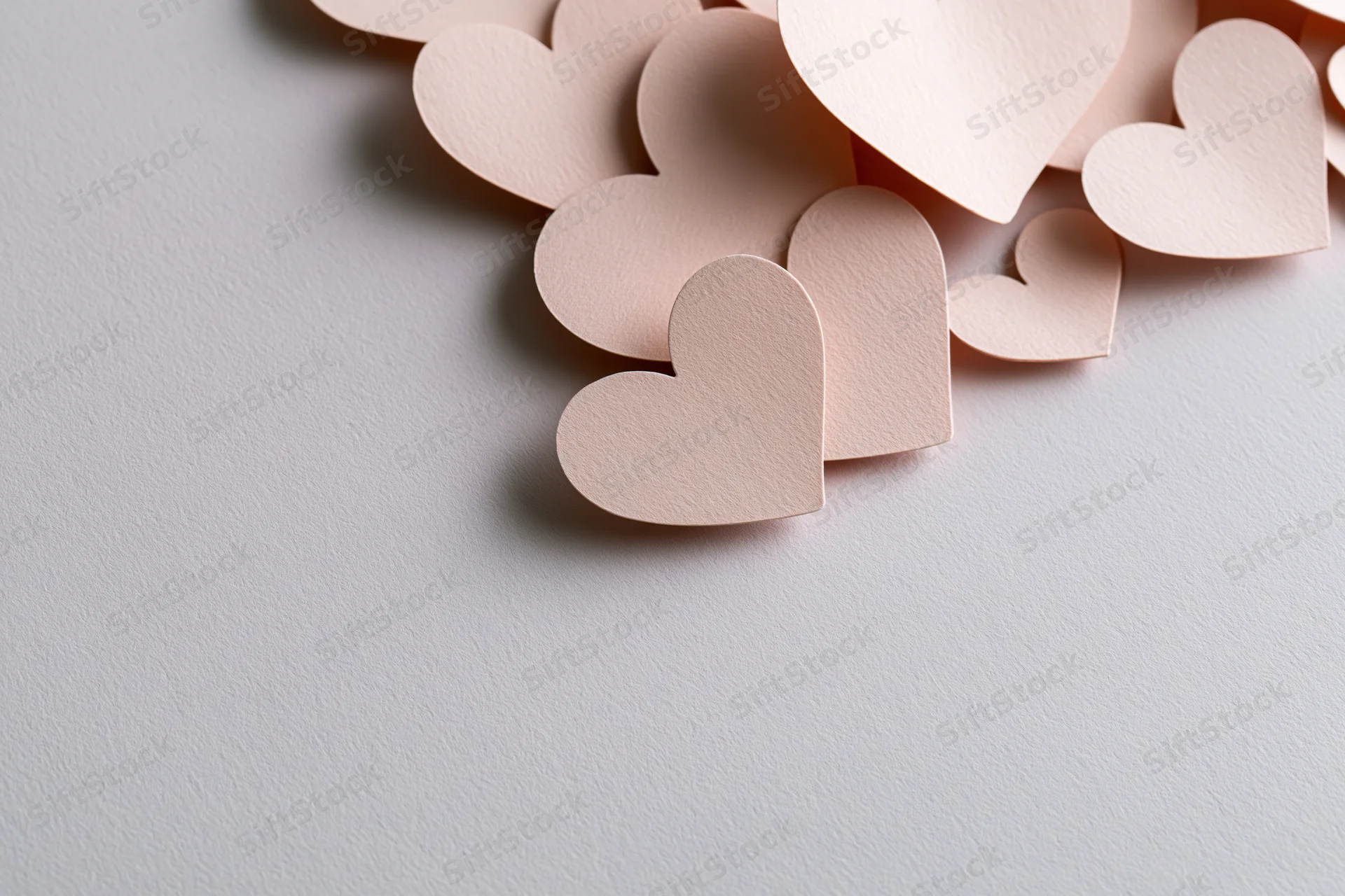 Paper heart cutouts scattered along the top right corner of a white surface