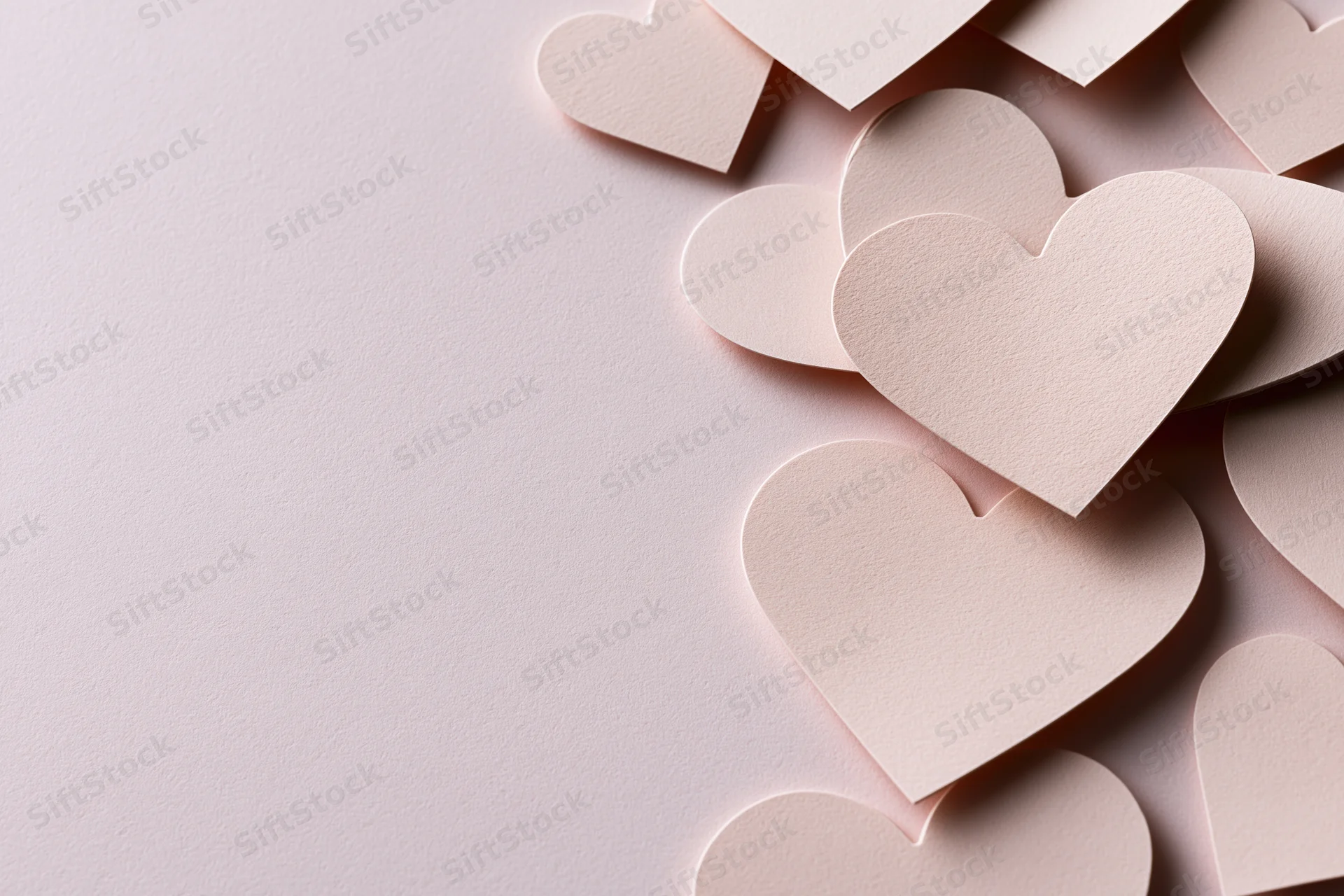 Paper heart cutouts arranged along the right side on a light pink surface
