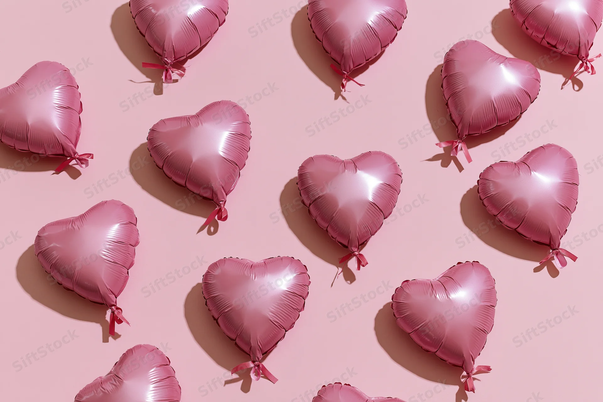 Pink foil heart-shaped balloons arranged on a pastel pink surface in a flat lay composition