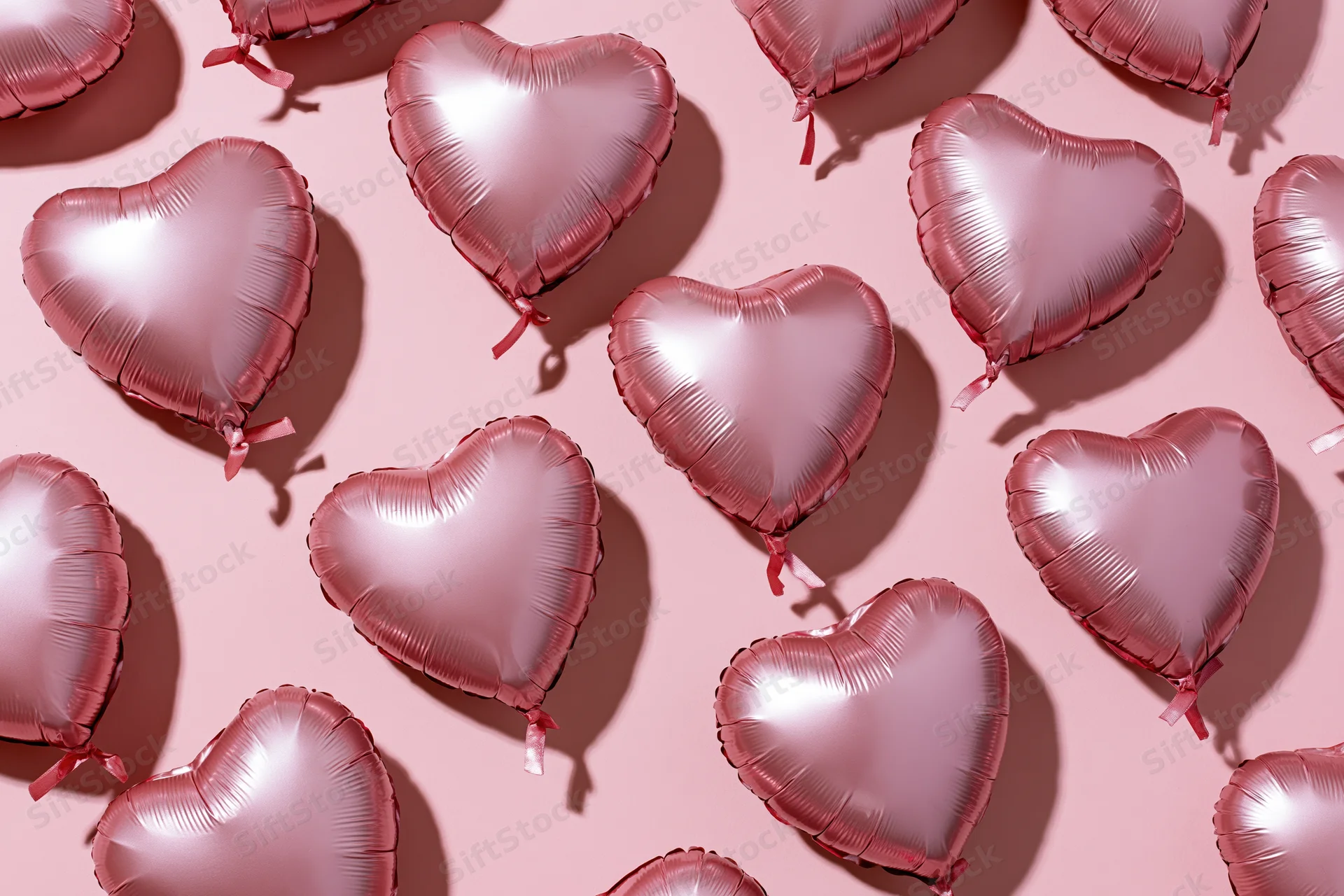 Heart-shaped pink foil balloons arranged in a flat lay on a soft pink surface