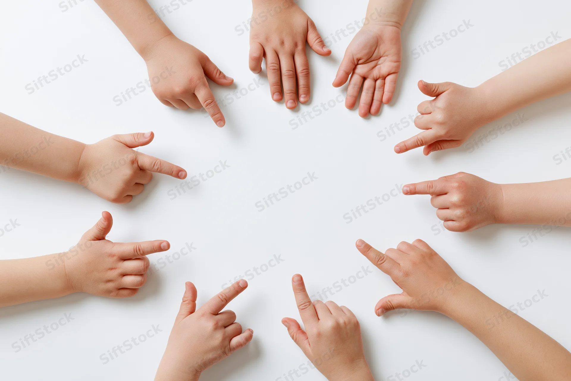 Multiple child hands pointing inward in a circle on white background
