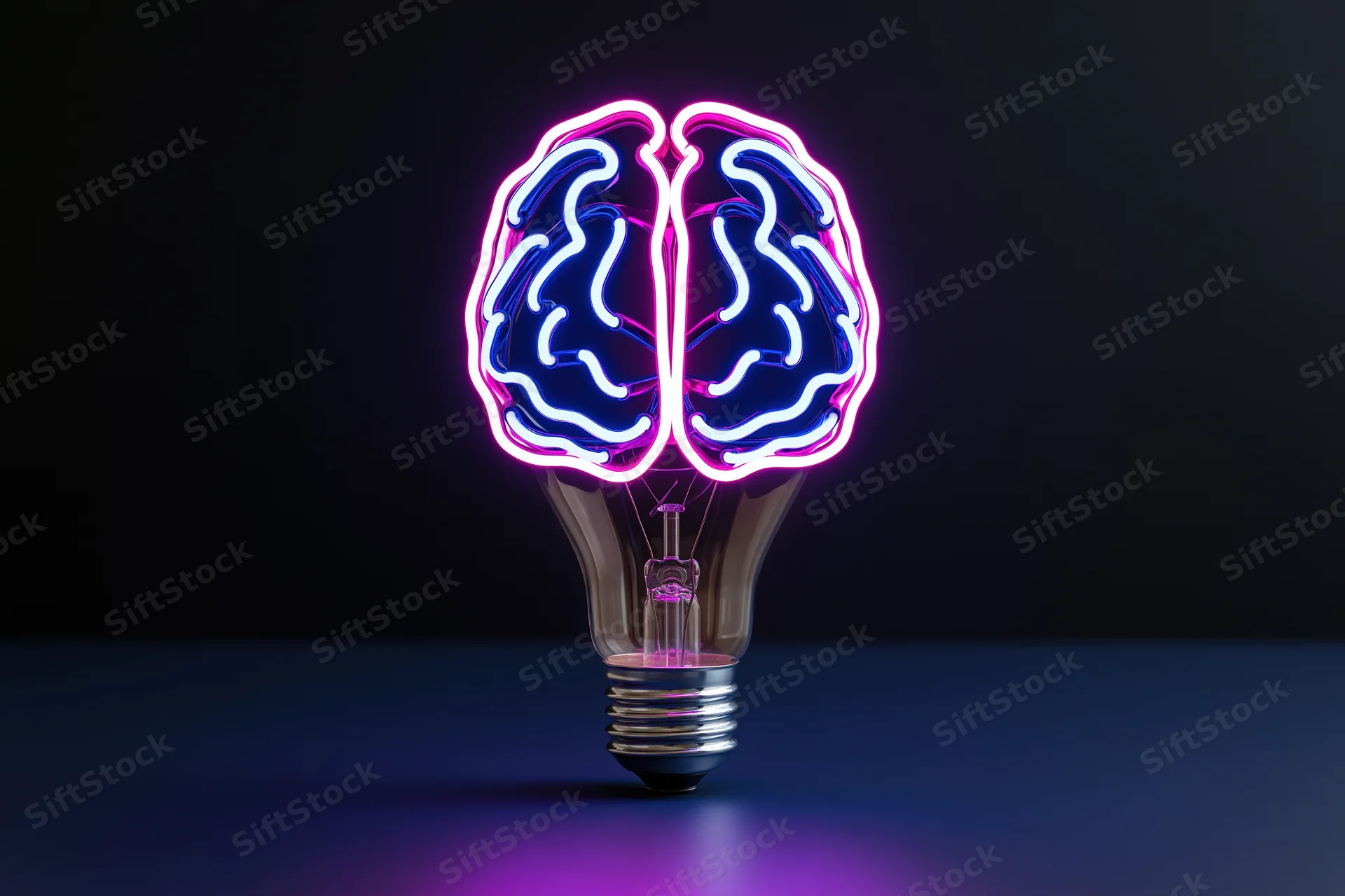 Neon brain-shaped lightbulb glowing with purple and blue light on dark surface