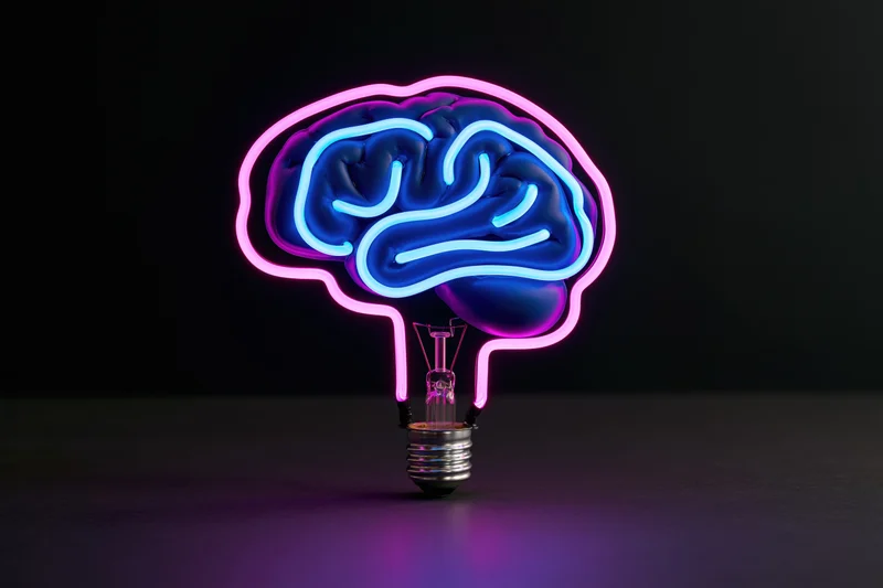 Neon brain-shaped light bulb glowing on dark surface