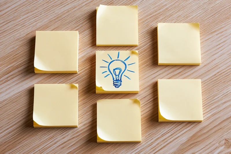 Nine yellow sticky notes arranged in a grid on a wooden desk with one featuring a blue lightbulb sketch
