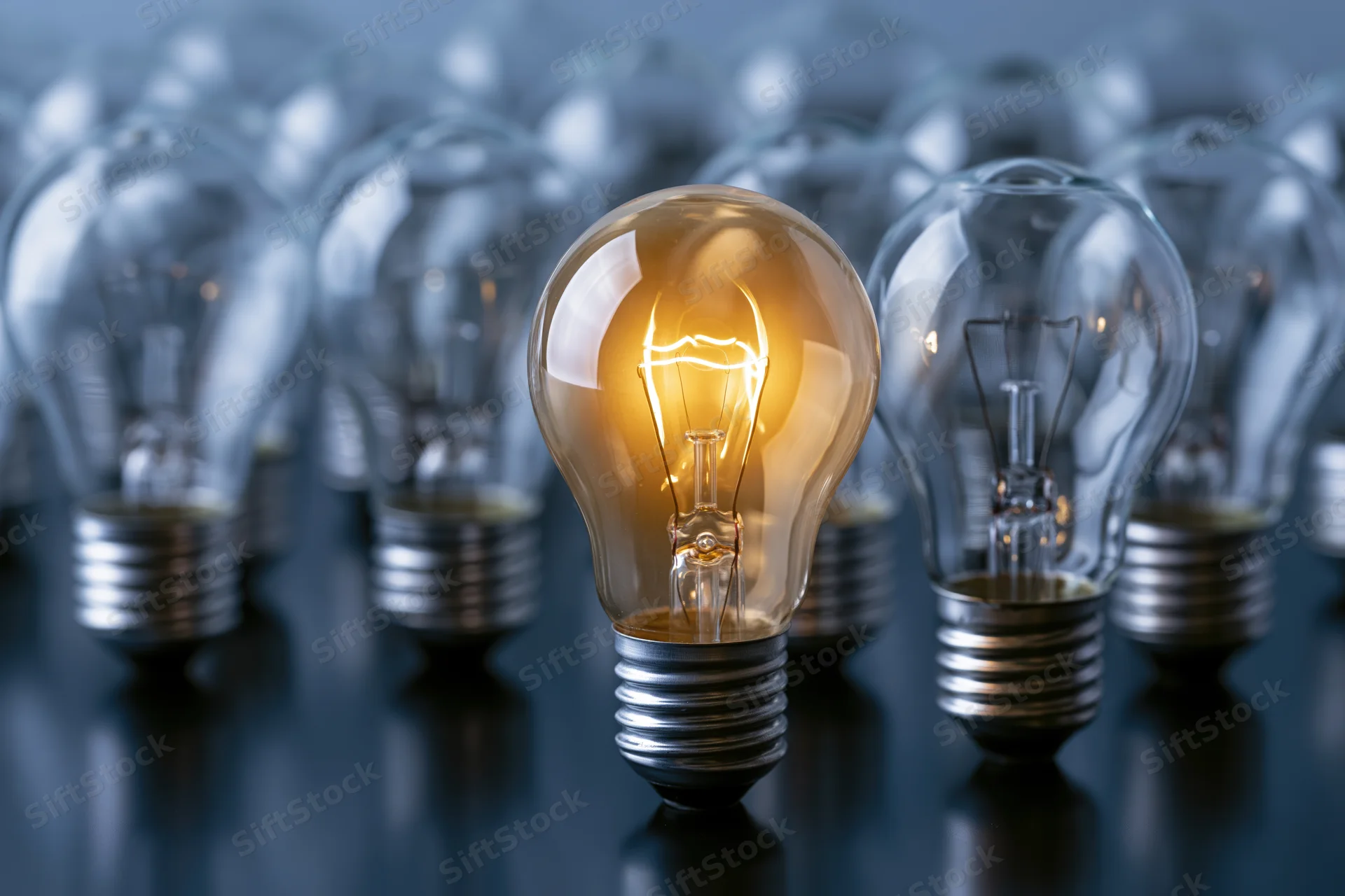 Glowing incandescent lightbulb in focus among unlit bulbs on dark reflective surface