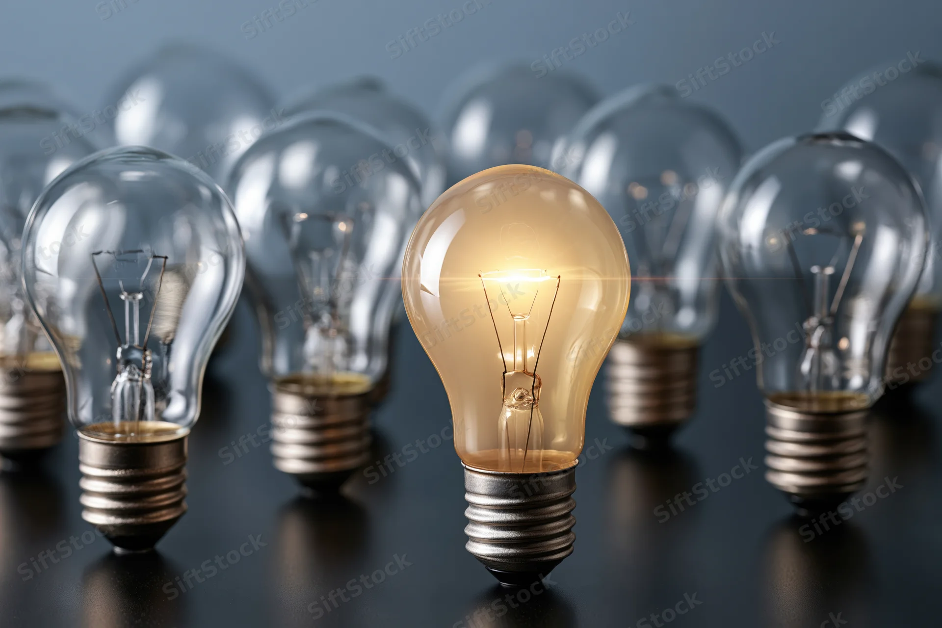 One glowing incandescent light bulb standing out among unlit bulbs on a dark surface