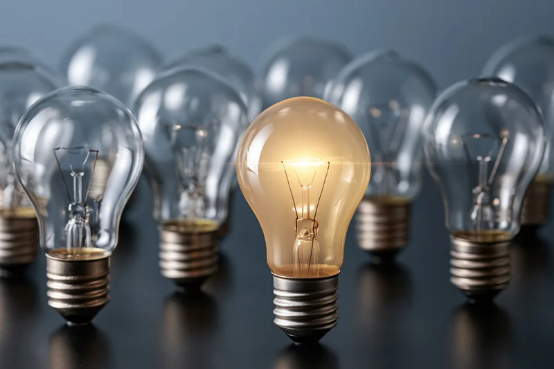One glowing incandescent light bulb standing out among unlit bulbs on a dark surface