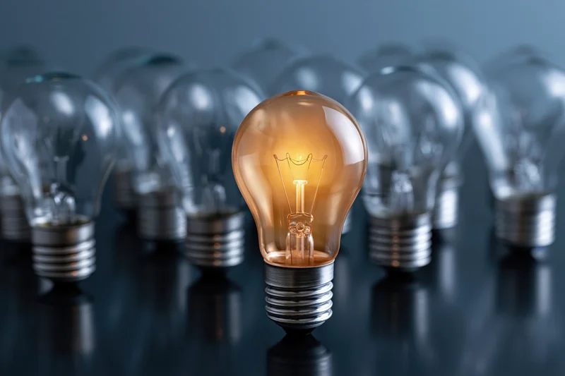 Glowing incandescent light bulb in focus with unlit bulbs arranged behind on dark reflective surface