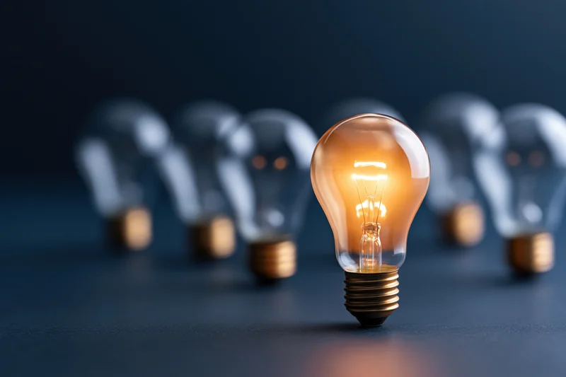 Glowing incandescent lightbulb in focus among unlit bulbs on dark surface