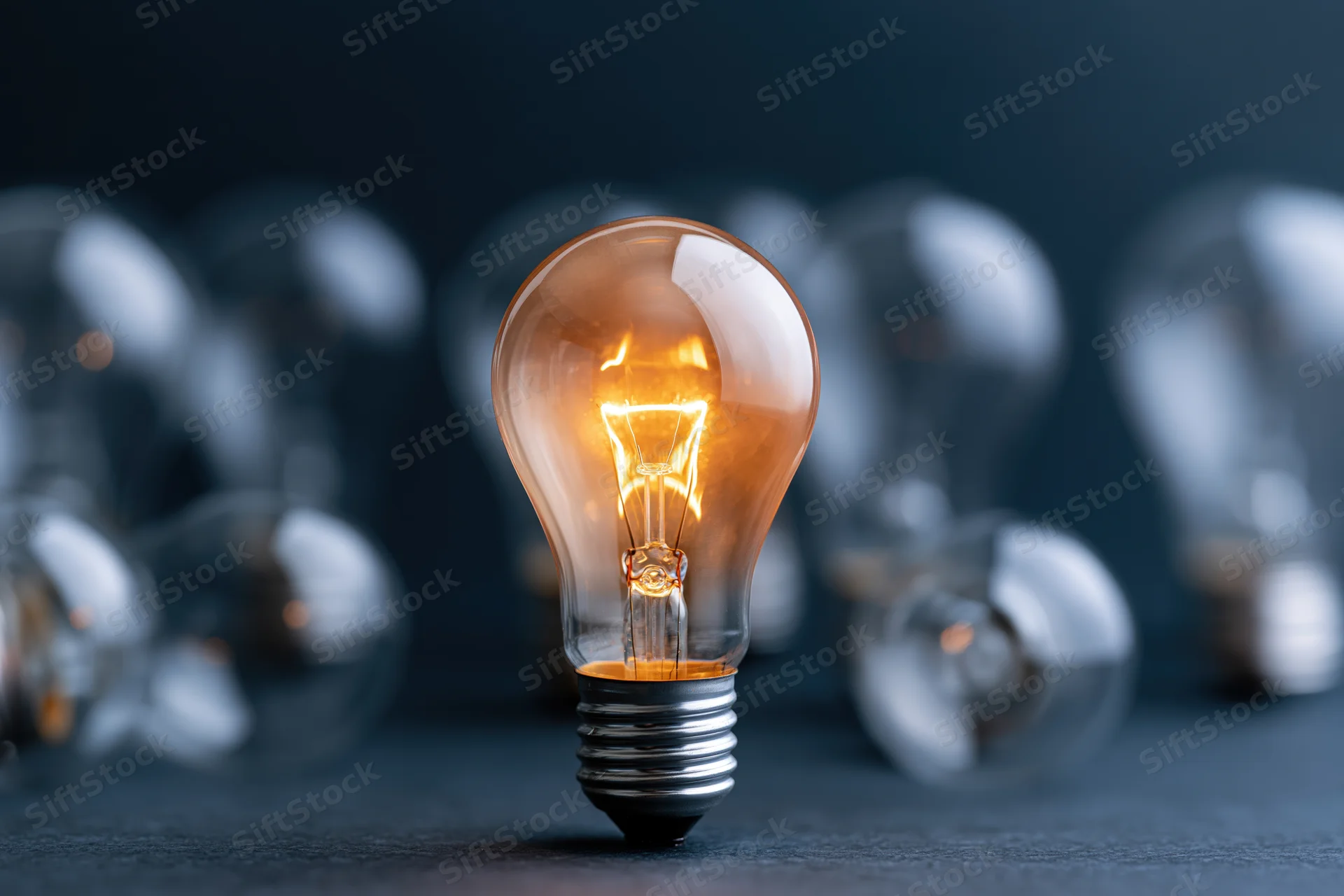 Glowing incandescent lightbulb standing among unlit bulbs on dark surface
