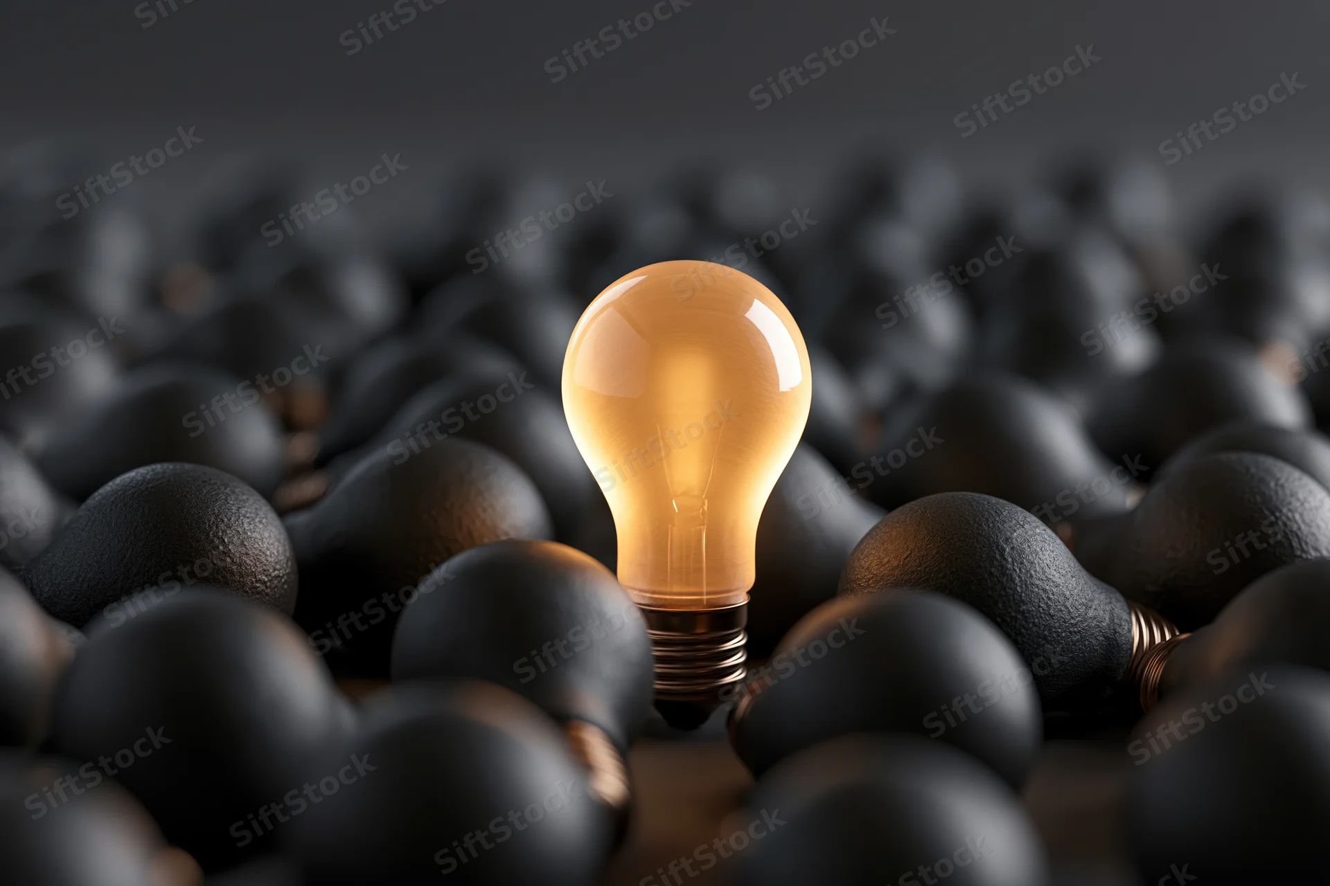 Glowing incandescent lightbulb standing among unlit black bulbs in a dark setting