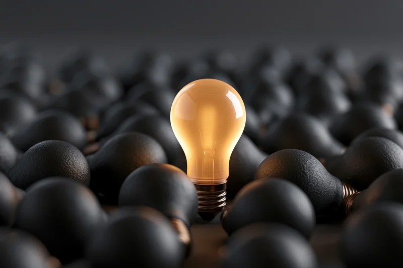 Glowing incandescent lightbulb standing among unlit black bulbs in a dark setting