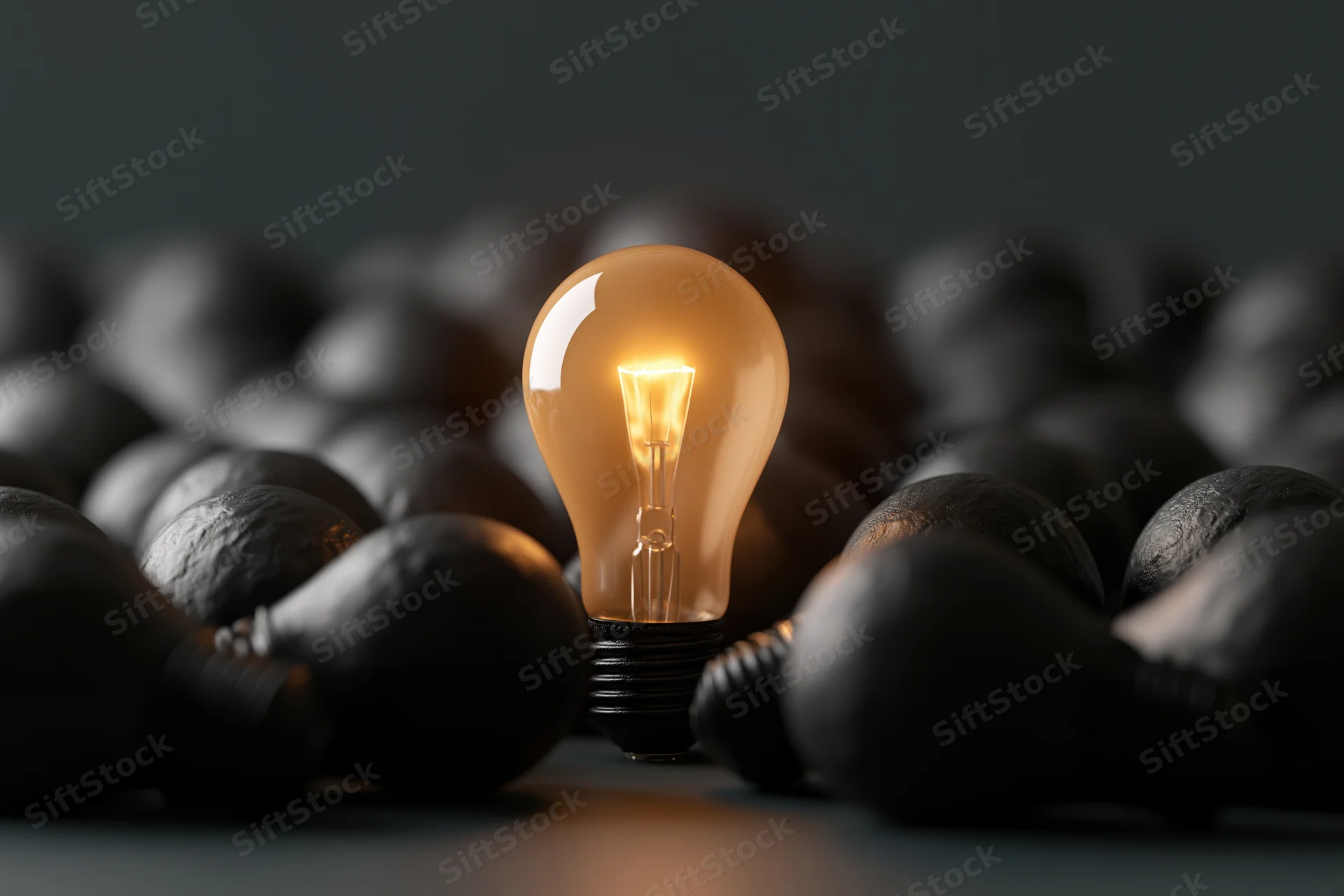 Glowing incandescent light bulb standing upright among unlit bulbs on dark surface
