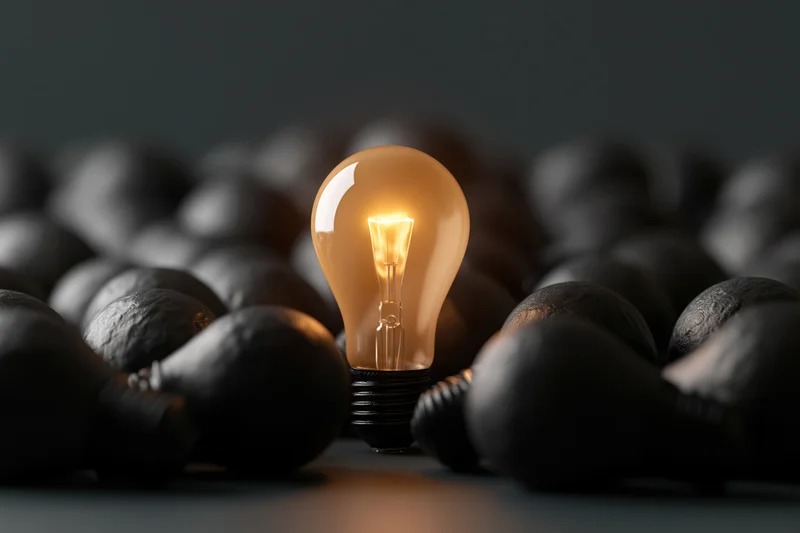 Glowing incandescent light bulb standing upright among unlit bulbs on dark surface