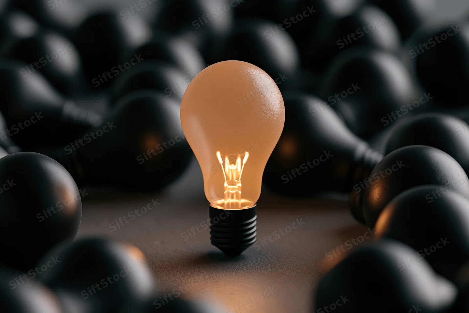 Glowing incandescent light bulb standing upright among unlit black bulbs on dark surface