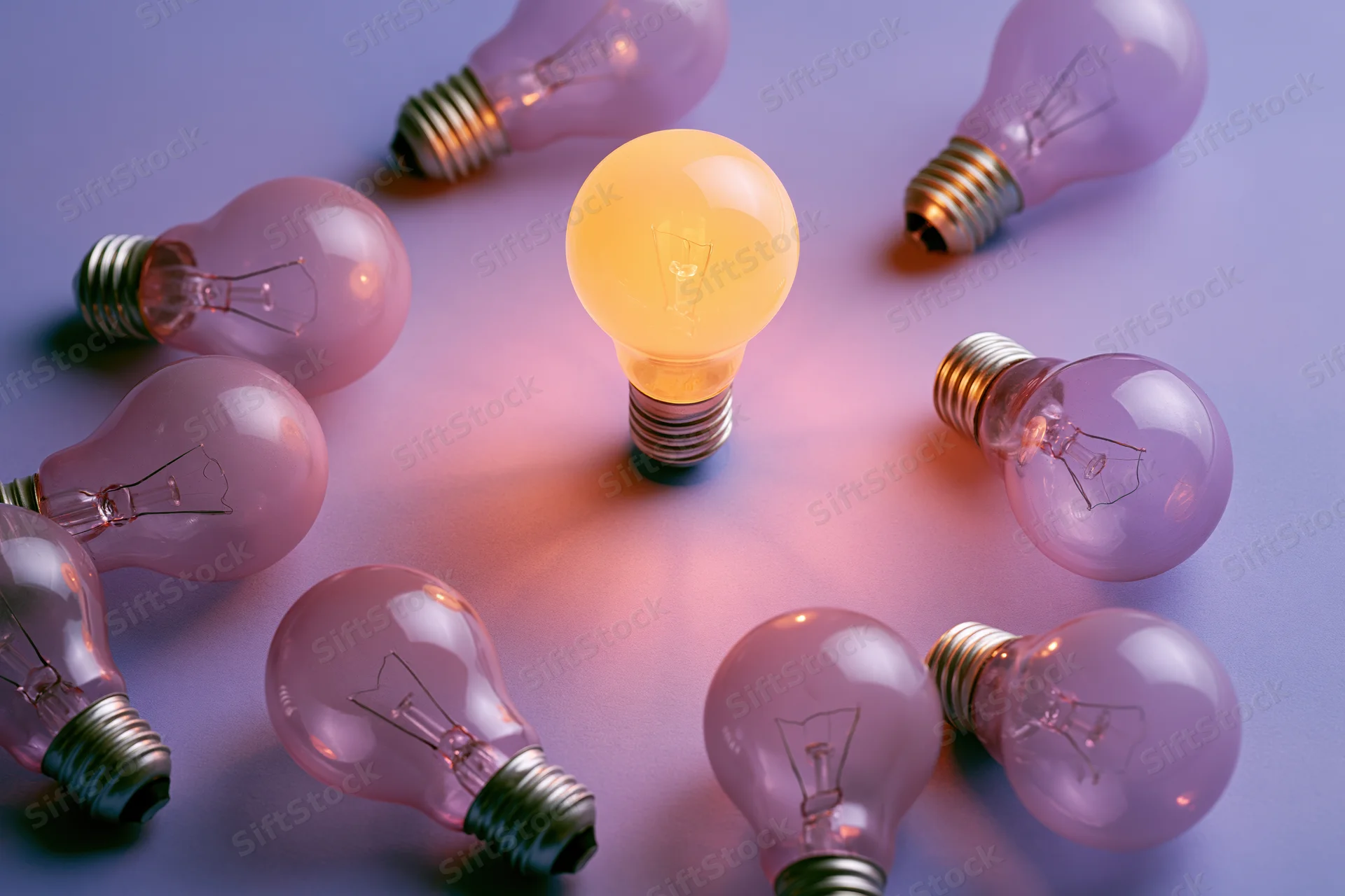 Glowing lightbulb surrounded by unlit bulbs on a purple surface