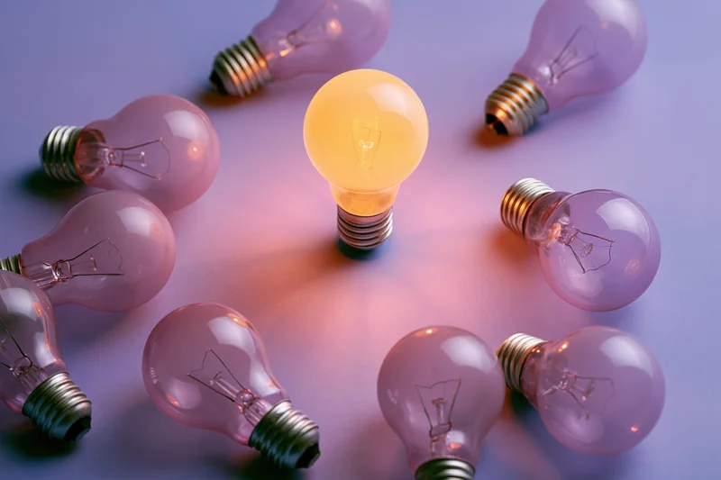 Glowing lightbulb surrounded by unlit bulbs on a purple surface