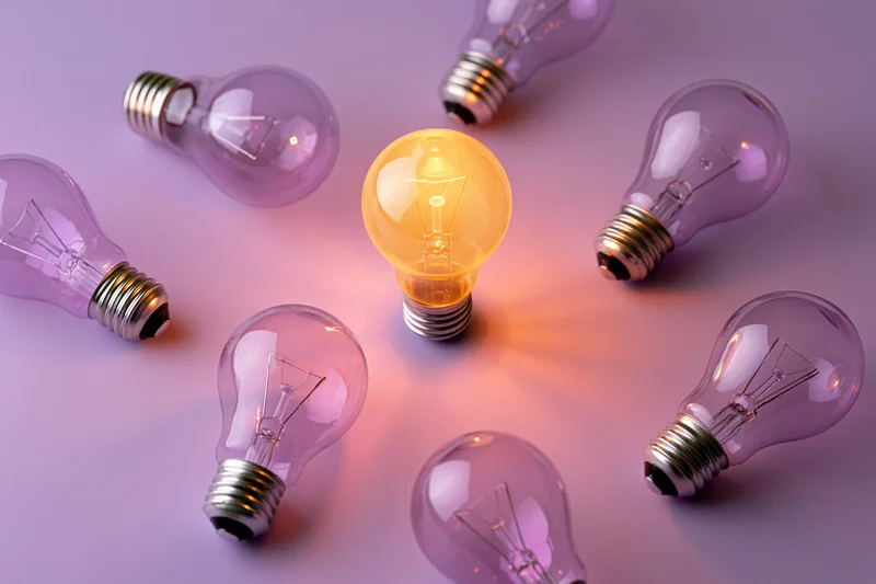 One glowing lightbulb centered among unlit bulbs on a purple surface