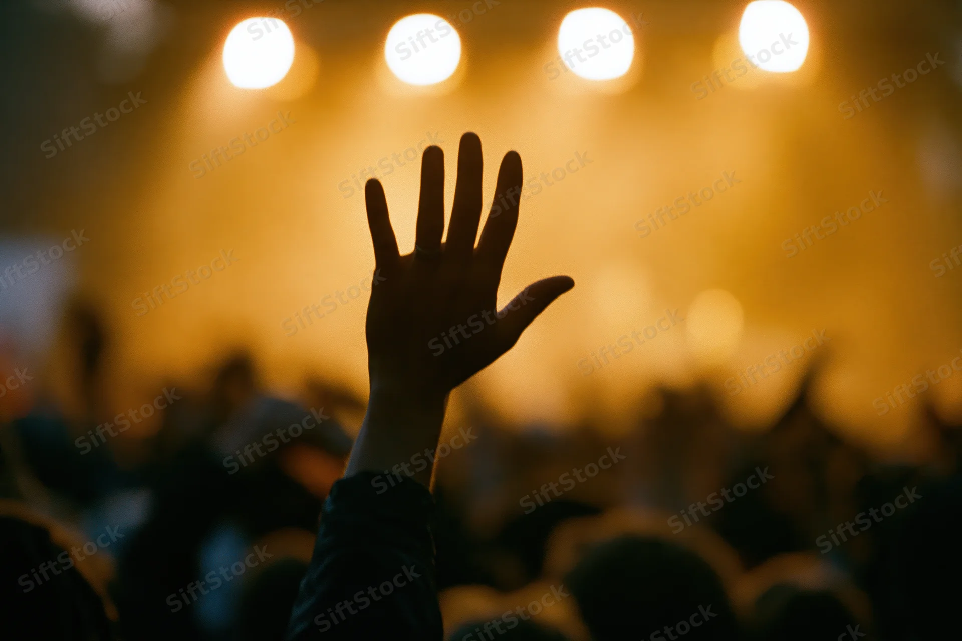 Hand raised high in silhouette above a blurred crowd at a concert stage with warm lights