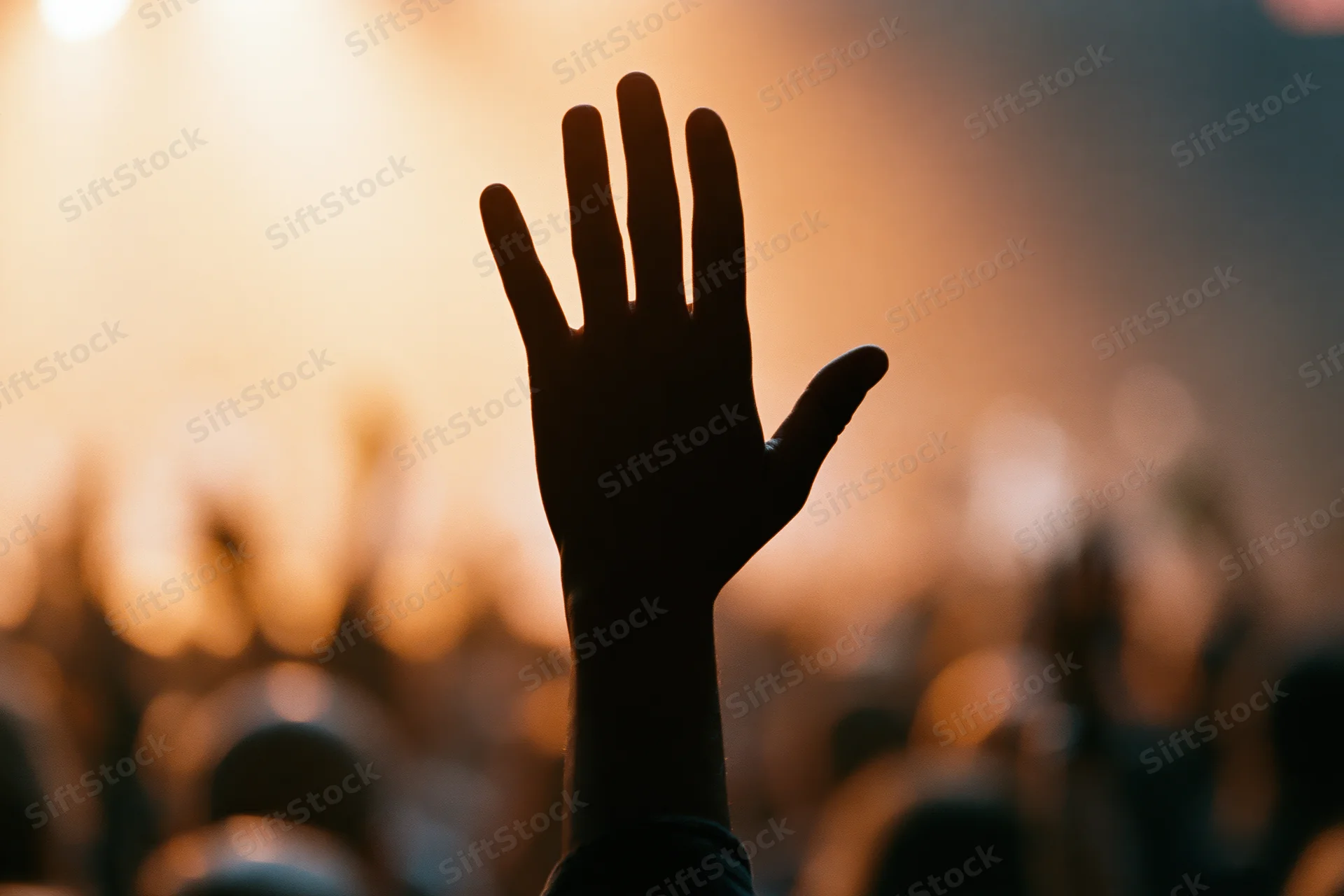 Hand raised high in silhouette above a crowd at a concert